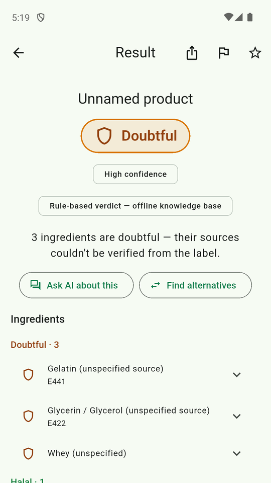 SahihScan result screen showing a Doubtful verdict with a High confidence chip, a rule-based offline knowledge base chip, and three doubtful ingredients: gelatin (unspecified source) E441, glycerin or glycerol (unspecified source) E422, and whey (unspecified)